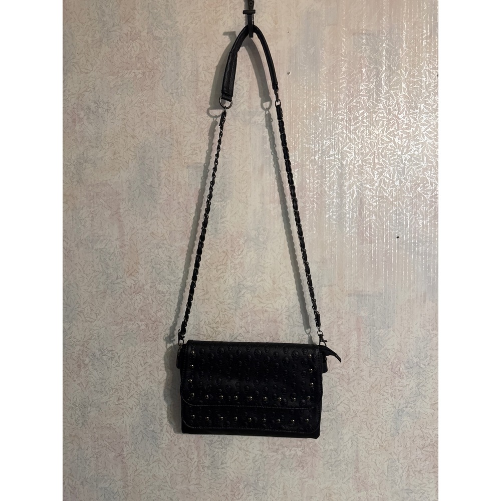 Black Embossed Skull Studded Crossbody Bag Gothic Chain Strap Multi Compartment